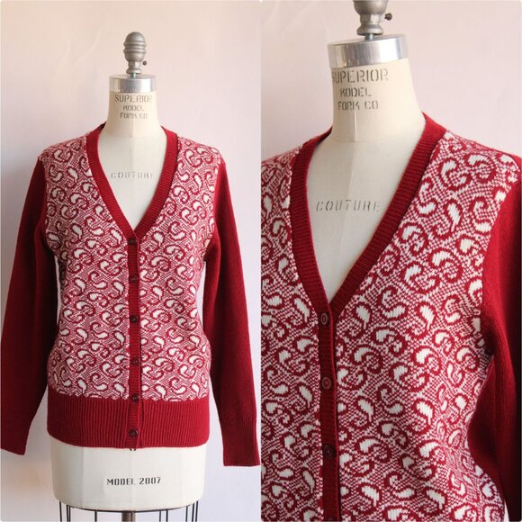 American Vintage Sweaters - Vintage 1970s Cardigan Sweater, Volup Full Fashioned Red and White Paisley, Sz L